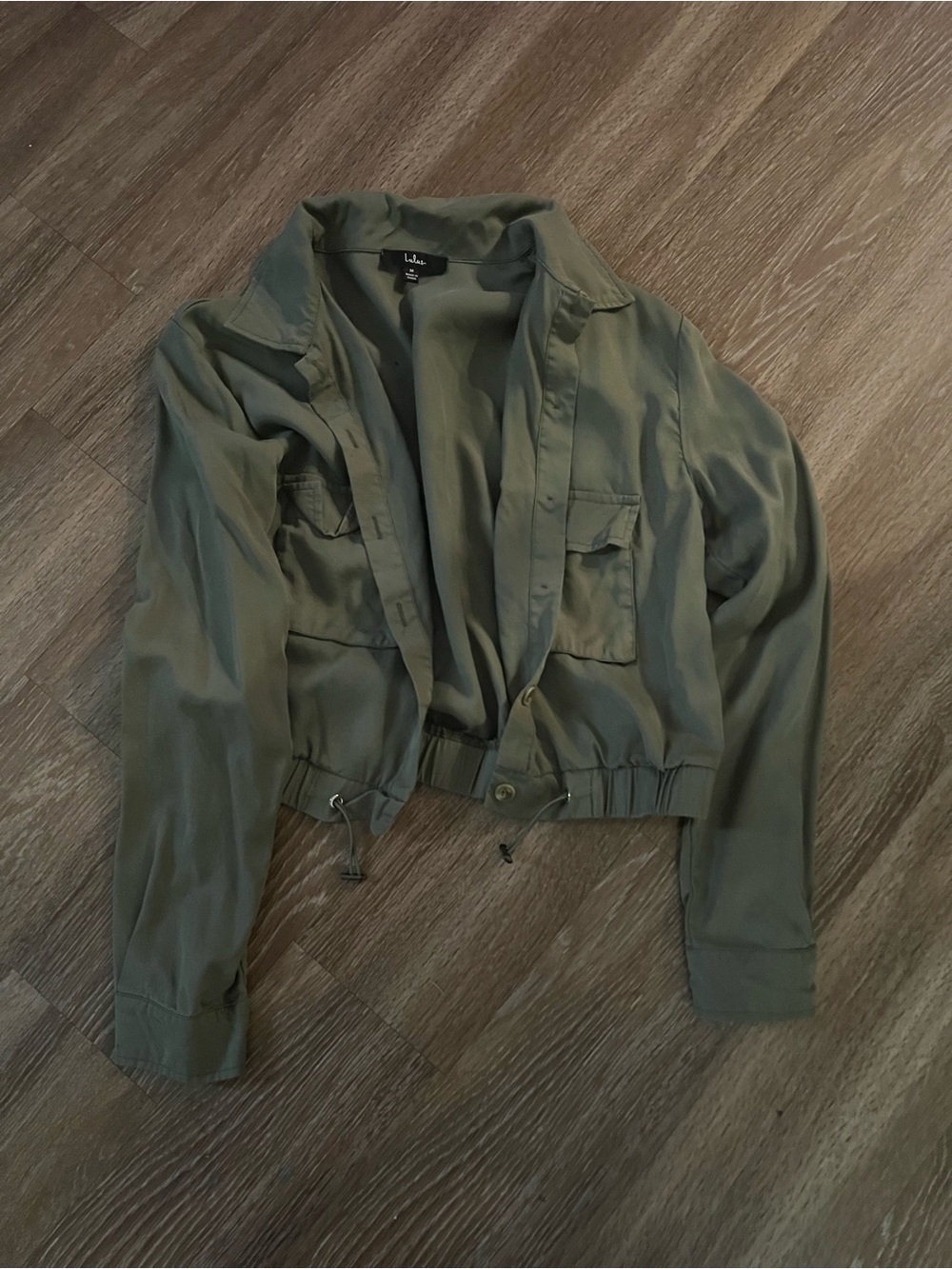 Lulu's Cropped Olive Utility Jacket with Drawstring Hem